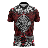 Red Aotearoa Taniko Motif Zipper Polo Shirt Vintage Maori New Zealand Tribal Art Pattern - Polynesian Pride