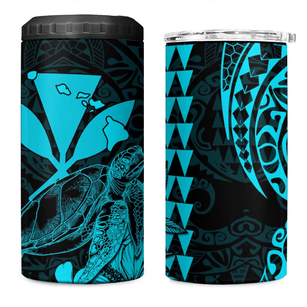 Kakau Polynesian Tribal Hawaiian Turtle 4 in 1 Can Cooler Tumbler with Kanaka Maoli Teal