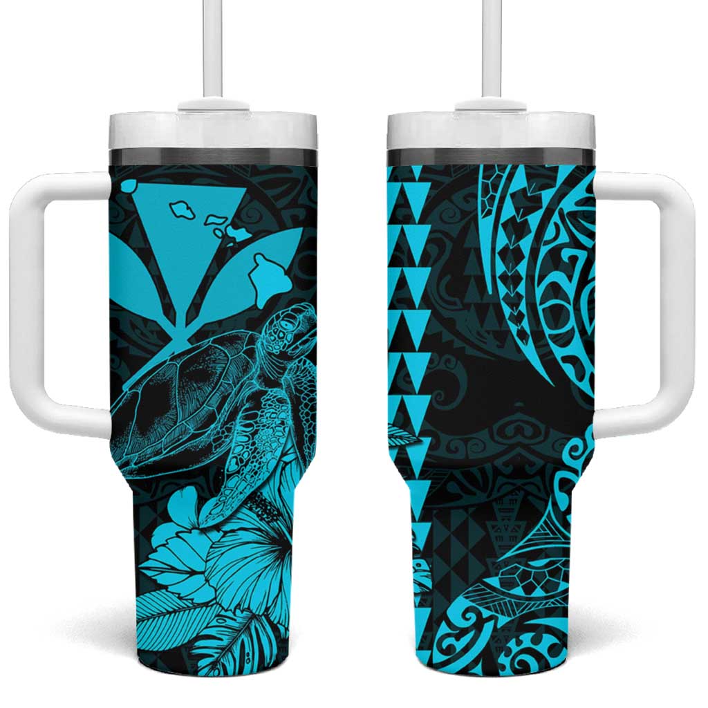 Kakau Polynesian Tribal Hawaiian Turtle Tumbler With Handle with Kanaka Maoli Teal