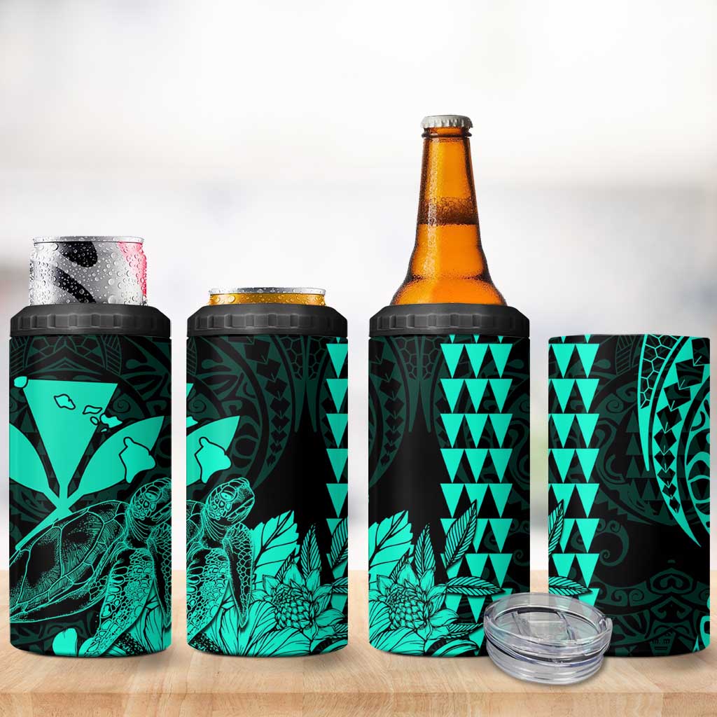 Kakau Polynesian Tribal Hawaiian Turtle 4 in 1 Can Cooler Tumbler with Kanaka Maoli Turquoise
