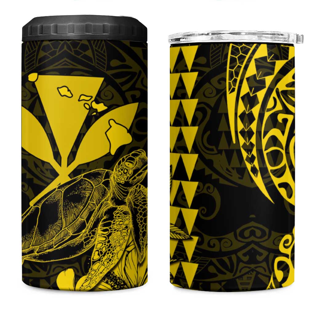 Kakau Polynesian Tribal Hawaiian Turtle 4 in 1 Can Cooler Tumbler with Kanaka Maoli Yellow