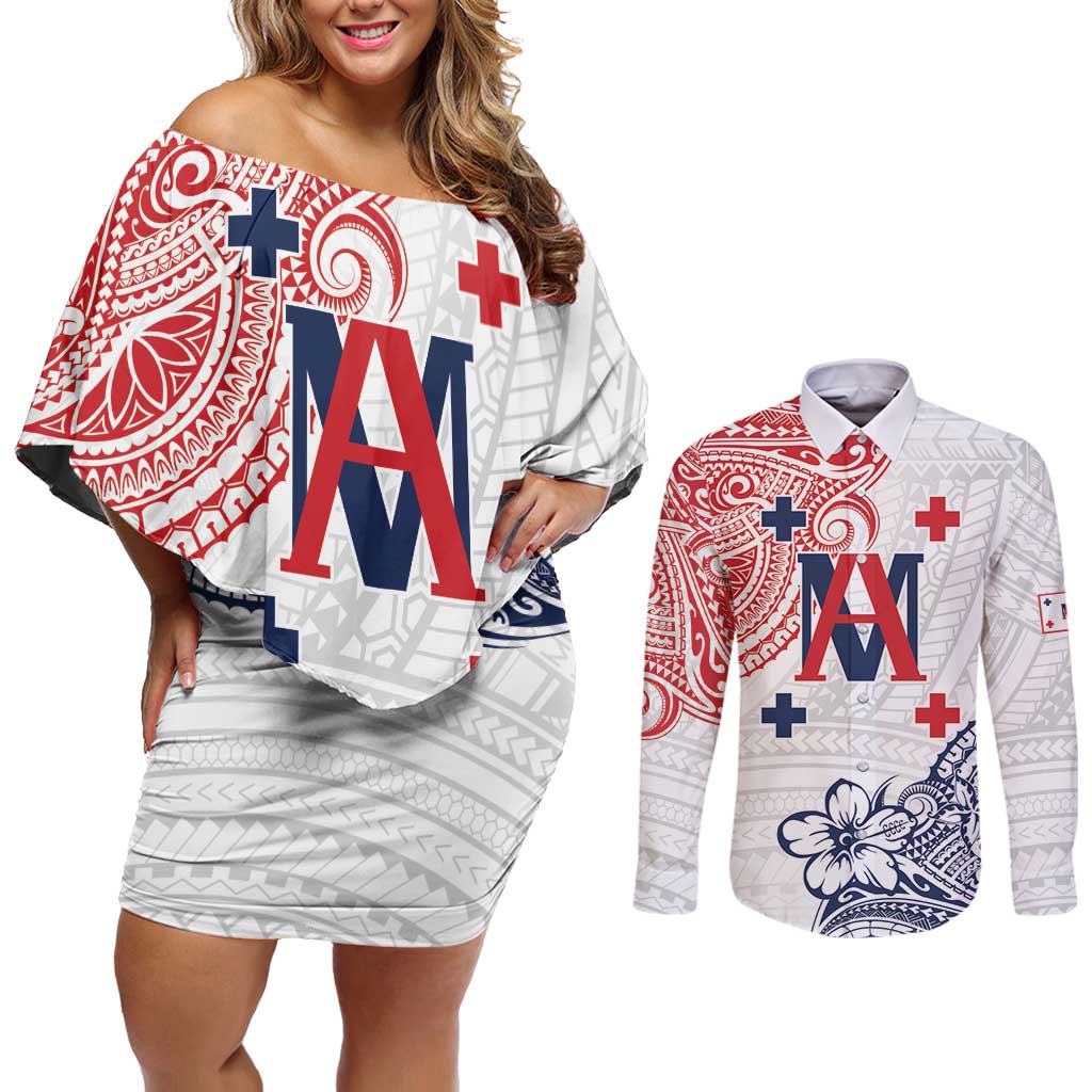 Kingdom of Uvea 1842-1860 Personalized Couples Matching Off Shoulder Short Dress and Long Sleeve Button Shirt Wallis and Futuna Polynesian Tribal Pattern