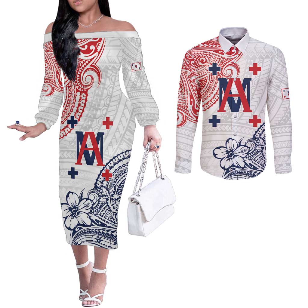 Kingdom of Uvea 1842-1860 Personalized Couples Matching Off The Shoulder Long Sleeve Dress and Long Sleeve Button Shirt Wallis and Futuna Polynesian Tribal Pattern