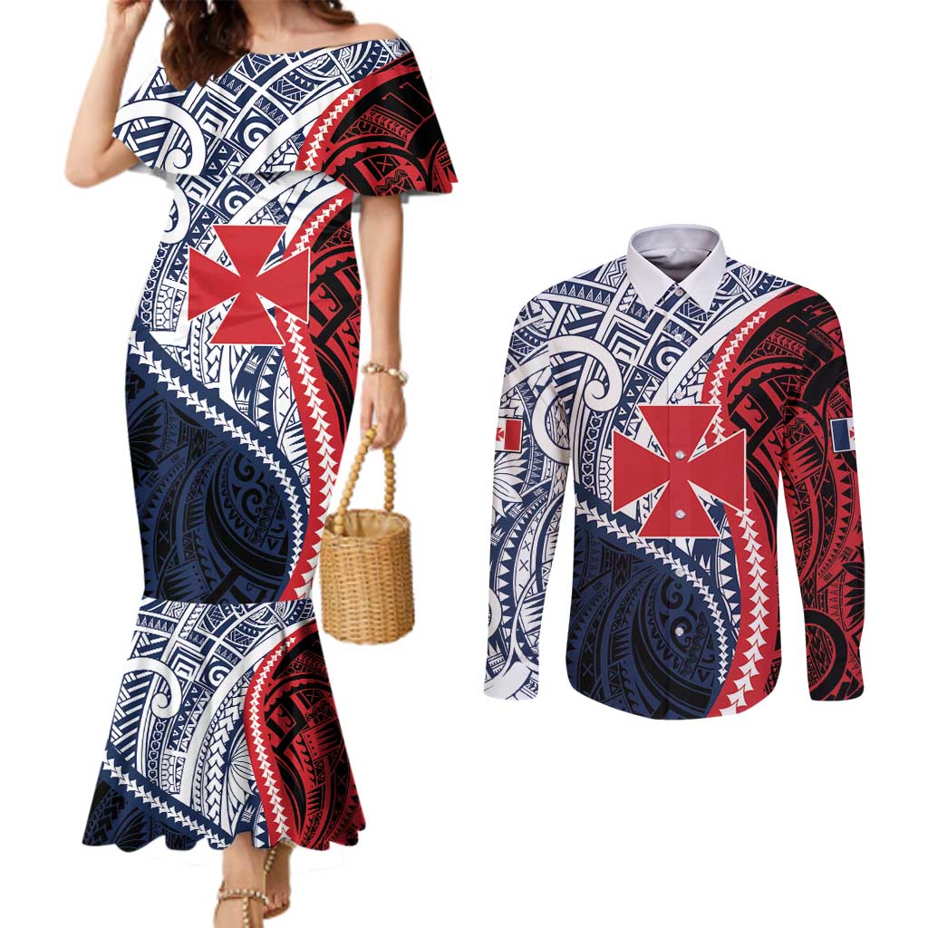 Kingdom of Uvea 1860-1886 Personalized Couples Matching Mermaid Dress and Long Sleeve Button Shirt Wallis and Futuna Polynesian Tribal Pattern