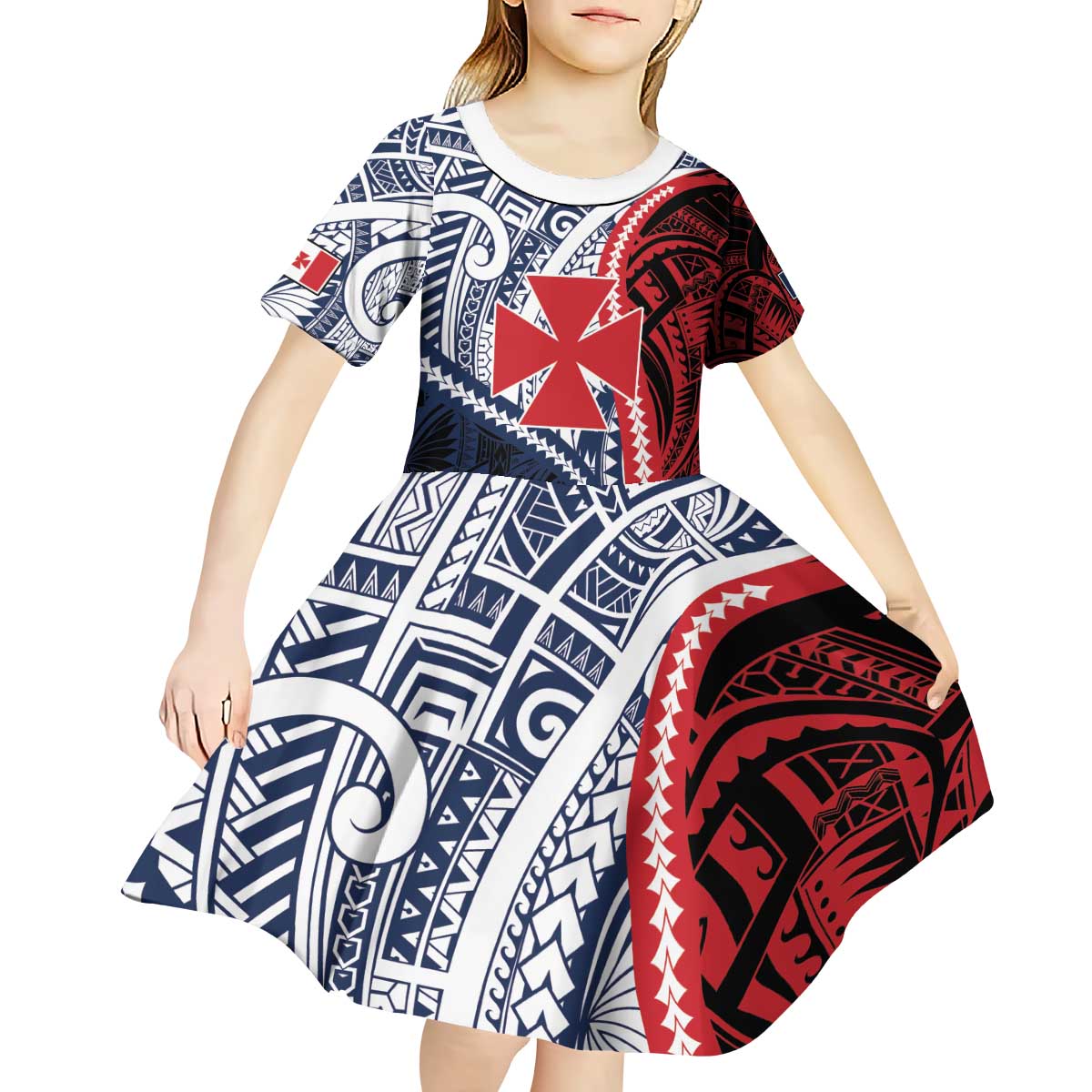 Kingdom of Uvea 1860-1886 Personalized Kid Short Sleeve Dress Wallis and Futuna Polynesian Tribal Pattern