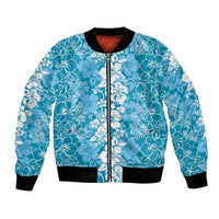 Hawaiian Lei Day Bomber Jacket Blue Hibiscus Flowers Lei Art