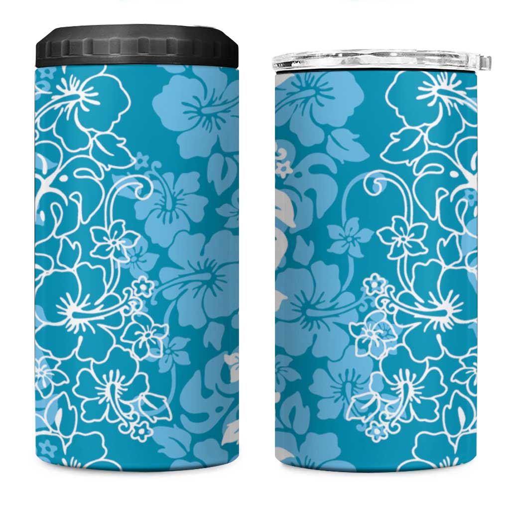 Hawaiian Lei Day 4 in 1 Can Cooler Tumbler Blue Hibiscus Flowers Lei Art