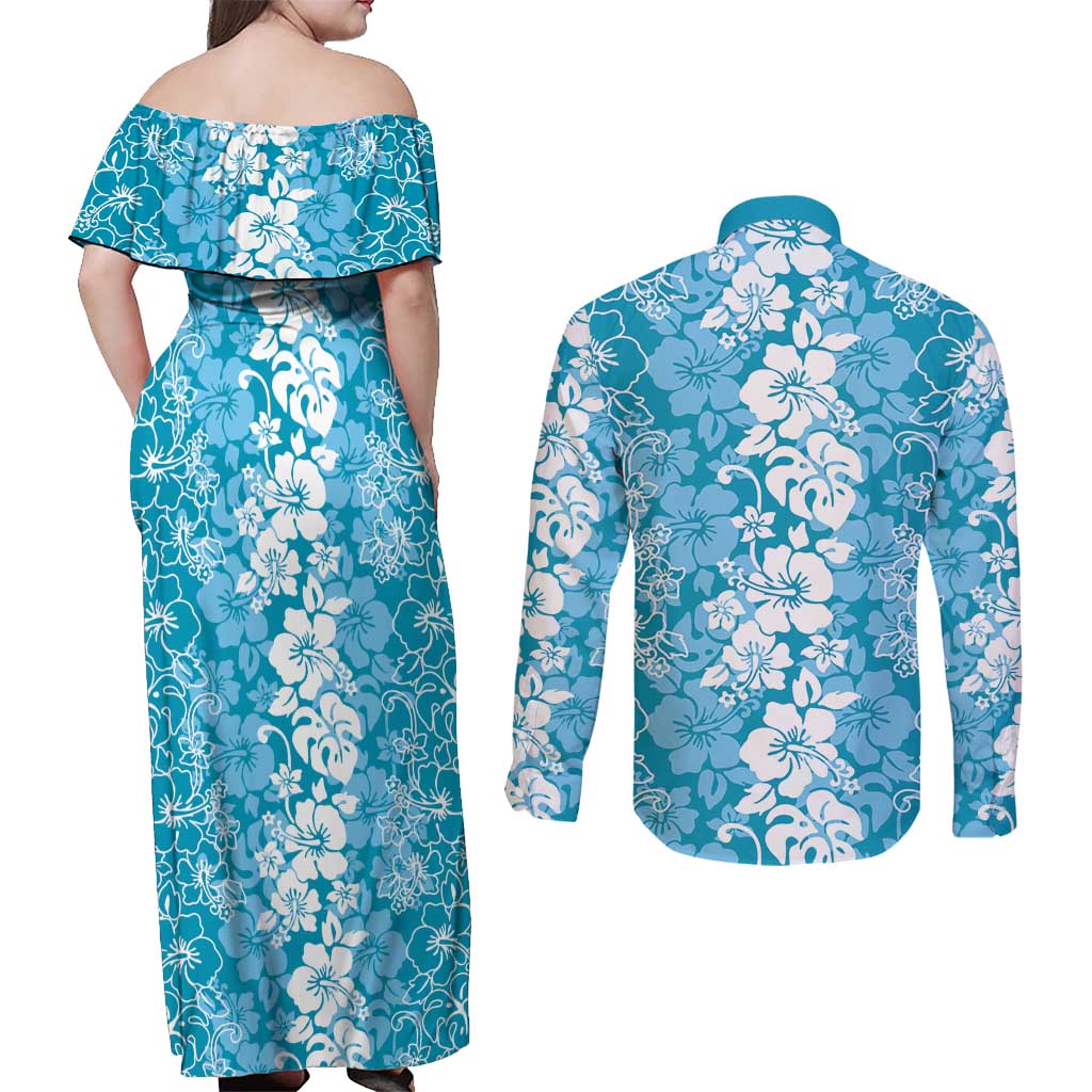 Hawaiian Lei Day Couples Matching Off Shoulder Maxi Dress and Long Sleeve Button Shirt Blue Hibiscus Flowers Lei Art