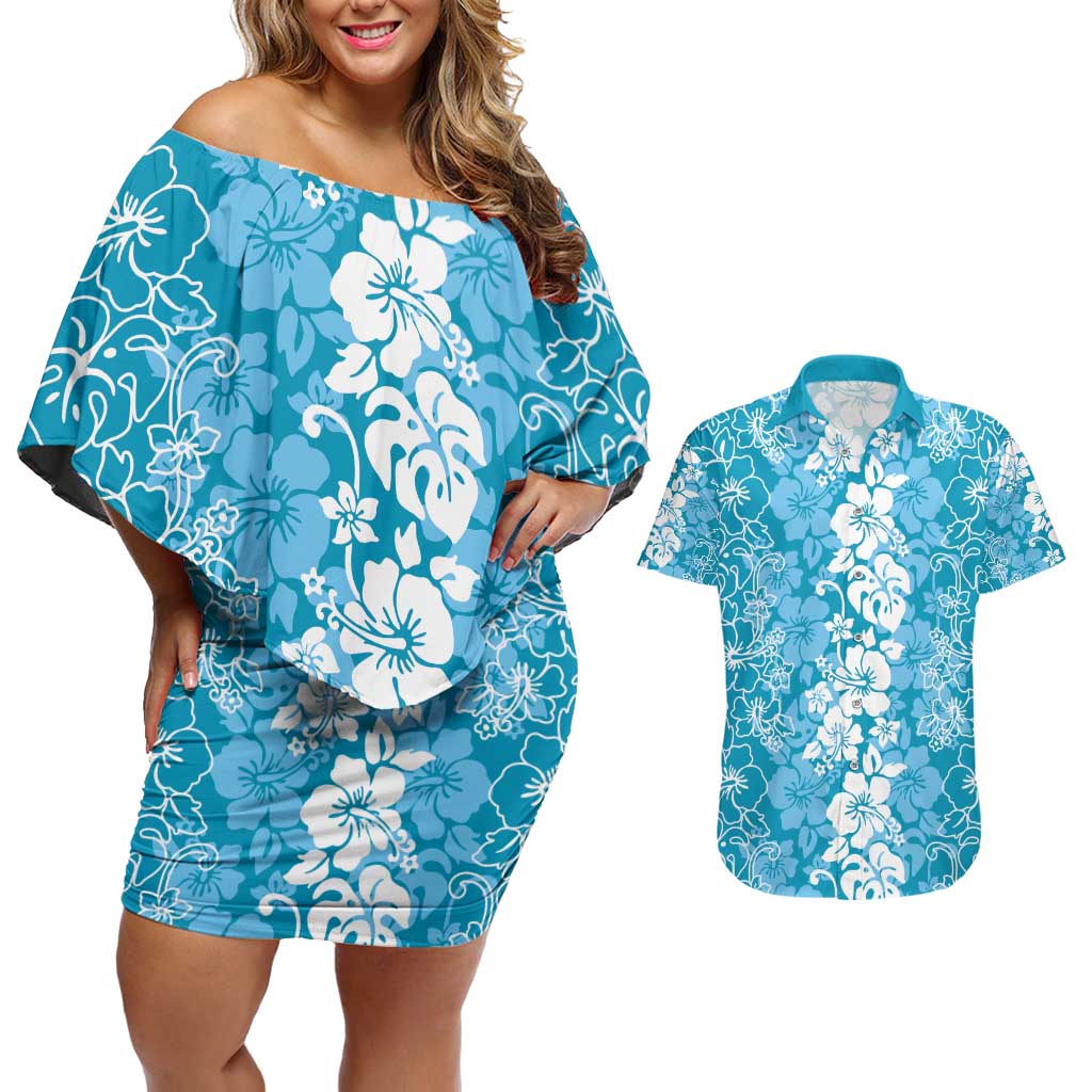 Hawaiian Lei Day Couples Matching Off Shoulder Short Dress and Hawaiian Shirt Blue Hibiscus Flowers Lei Art