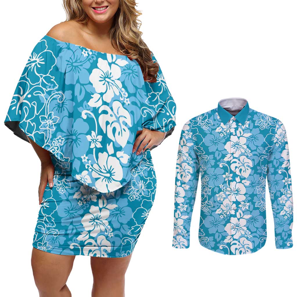 Hawaiian Lei Day Couples Matching Off Shoulder Short Dress and Long Sleeve Button Shirt Blue Hibiscus Flowers Lei Art