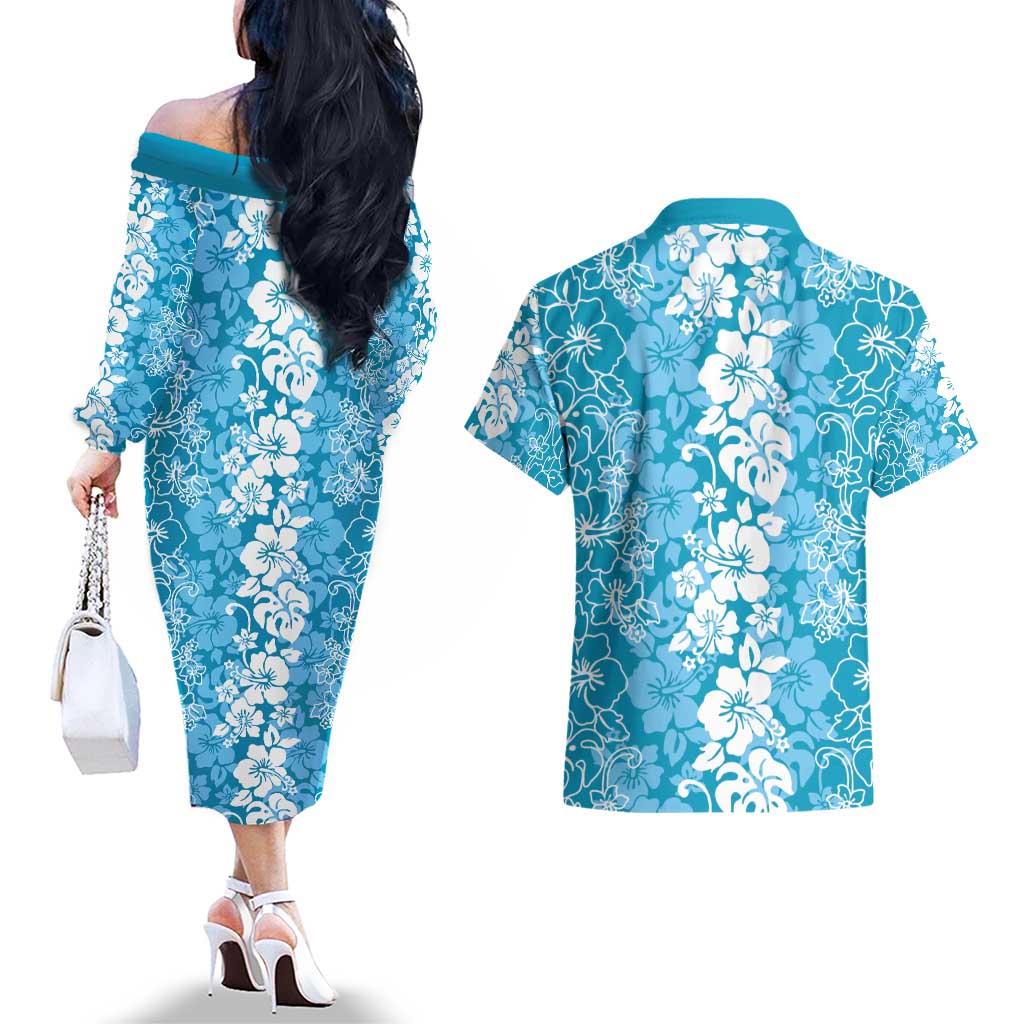 Hawaiian Lei Day Couples Matching Off The Shoulder Long Sleeve Dress and Hawaiian Shirt Blue Hibiscus Flowers Lei Art LT9 - Polynesian Pride