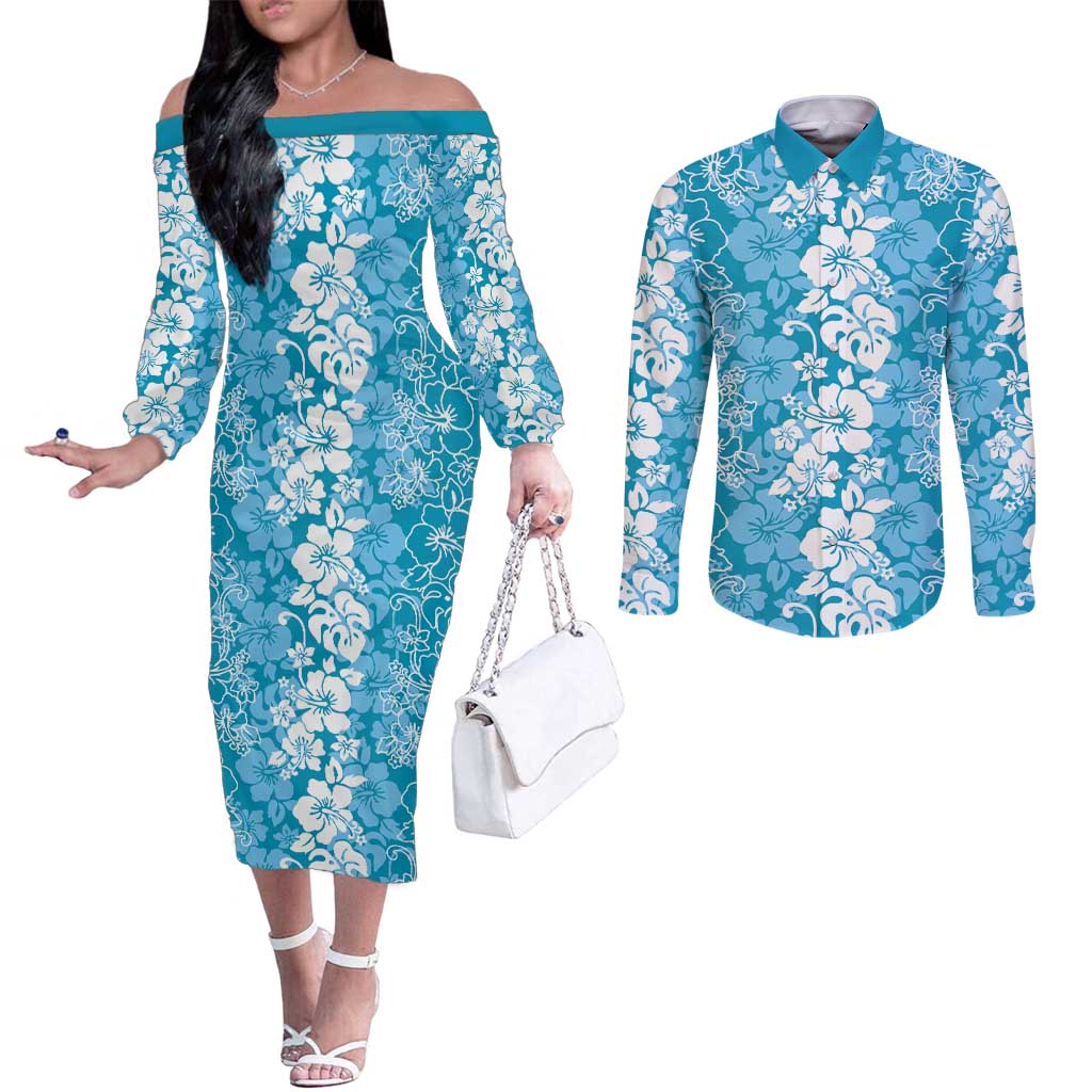 Hawaiian Lei Day Couples Matching Off The Shoulder Long Sleeve Dress and Long Sleeve Button Shirt Blue Hibiscus Flowers Lei Art