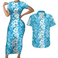 Hawaiian Lei Day Couples Matching Short Sleeve Bodycon Dress and Hawaiian Shirt Blue Hibiscus Flowers Lei Art