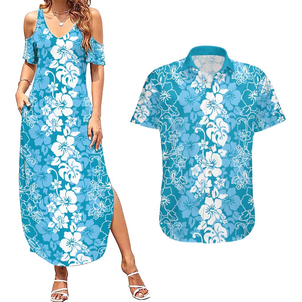 Hawaiian Lei Day Couples Matching Summer Maxi Dress and Hawaiian Shirt Blue Hibiscus Flowers Lei Art
