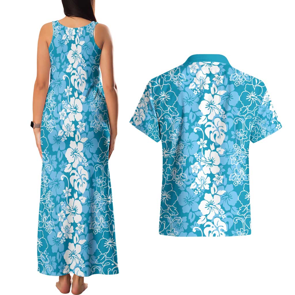 Hawaiian Lei Day Couples Matching Tank Maxi Dress and Hawaiian Shirt Blue Hibiscus Flowers Lei Art