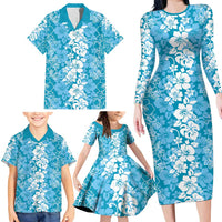 Hawaiian Lei Day Family Matching Long Sleeve Bodycon Dress and Hawaiian Shirt Blue Hibiscus Flowers Lei Art