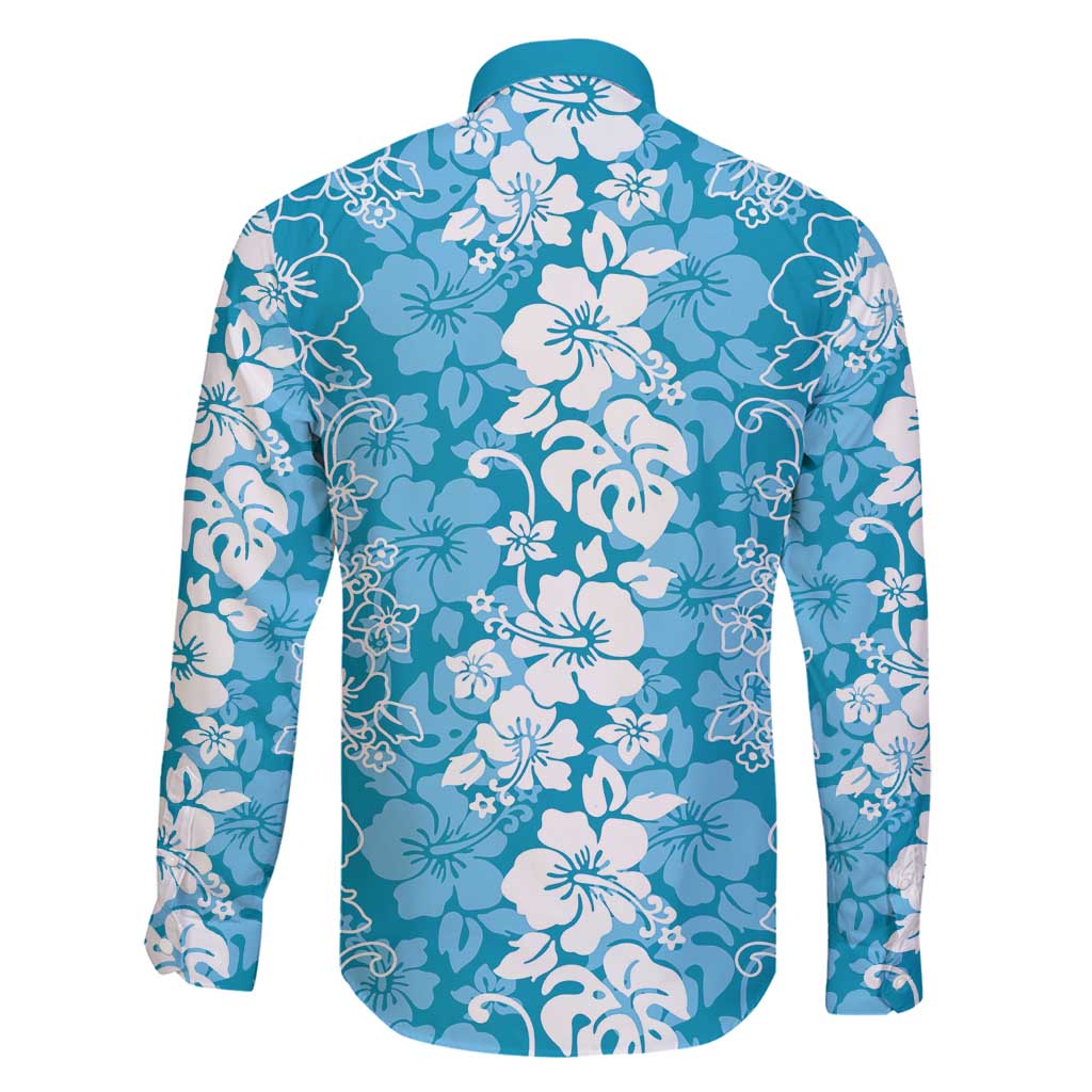 Hawaiian Lei Day Family Matching Long Sleeve Bodycon Dress and Hawaiian Shirt Blue Hibiscus Flowers Lei Art