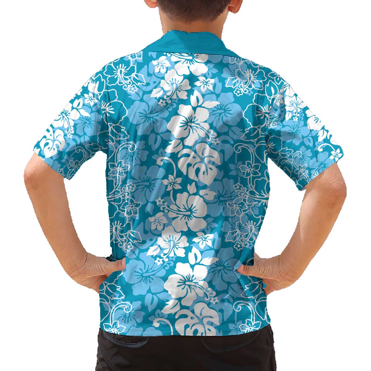 Hawaiian Lei Day Family Matching Off The Shoulder Long Sleeve Dress and Hawaiian Shirt Blue Hibiscus Flowers Lei Art LT9 - Polynesian Pride