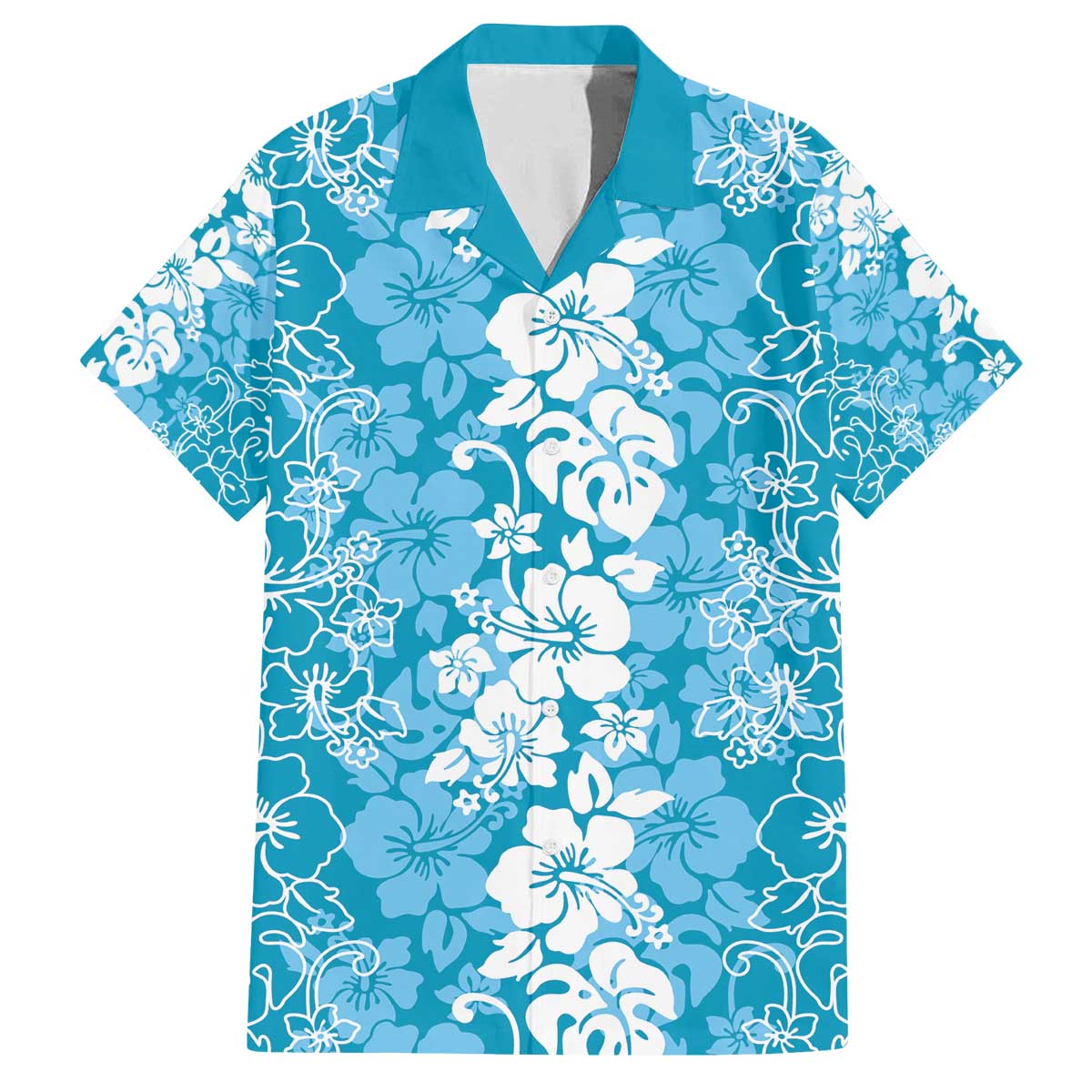 Hawaiian Lei Day Family Matching Off The Shoulder Long Sleeve Dress and Hawaiian Shirt Blue Hibiscus Flowers Lei Art LT9 Dad's Shirt - Short Sleeve Blue - Polynesian Pride