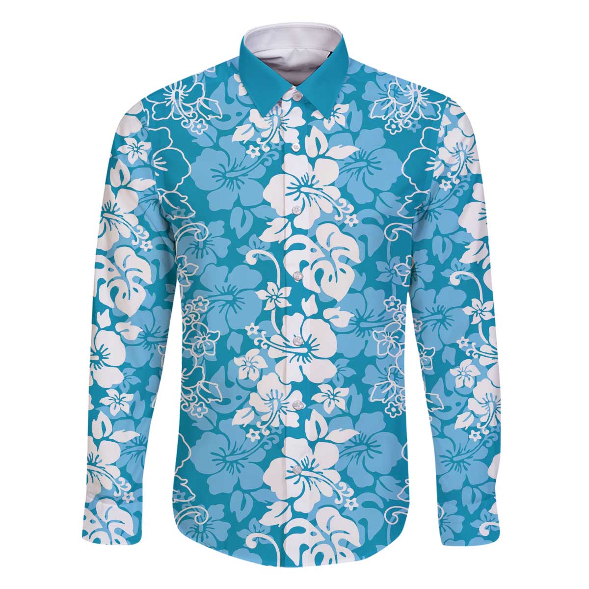 Hawaiian Lei Day Family Matching Off The Shoulder Long Sleeve Dress and Hawaiian Shirt Blue Hibiscus Flowers Lei Art LT9 Dad's Shirt - Long Sleeve Blue - Polynesian Pride