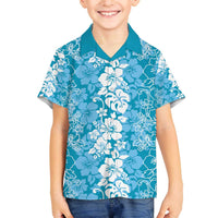Hawaiian Lei Day Family Matching Off The Shoulder Long Sleeve Dress and Hawaiian Shirt Blue Hibiscus Flowers Lei Art LT9 Son's Shirt Blue - Polynesian Pride