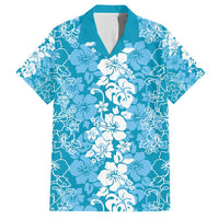 Hawaiian Lei Day Family Matching Off Shoulder Short Dress and Hawaiian Shirt Blue Hibiscus Flowers Lei Art