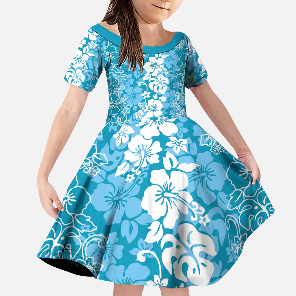 Hawaiian Lei Day Family Matching Puletasi and Hawaiian Shirt Blue Hibiscus Flowers Lei Art LT9 Daughter's Dress Blue - Polynesian Pride