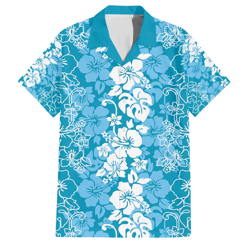 Hawaiian Lei Day Family Matching Puletasi and Hawaiian Shirt Blue Hibiscus Flowers Lei Art LT9 Dad's Shirt - Short Sleeve Blue - Polynesian Pride