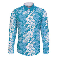 Hawaiian Lei Day Family Matching Puletasi and Hawaiian Shirt Blue Hibiscus Flowers Lei Art LT9 Dad's Shirt - Long Sleeve Blue - Polynesian Pride