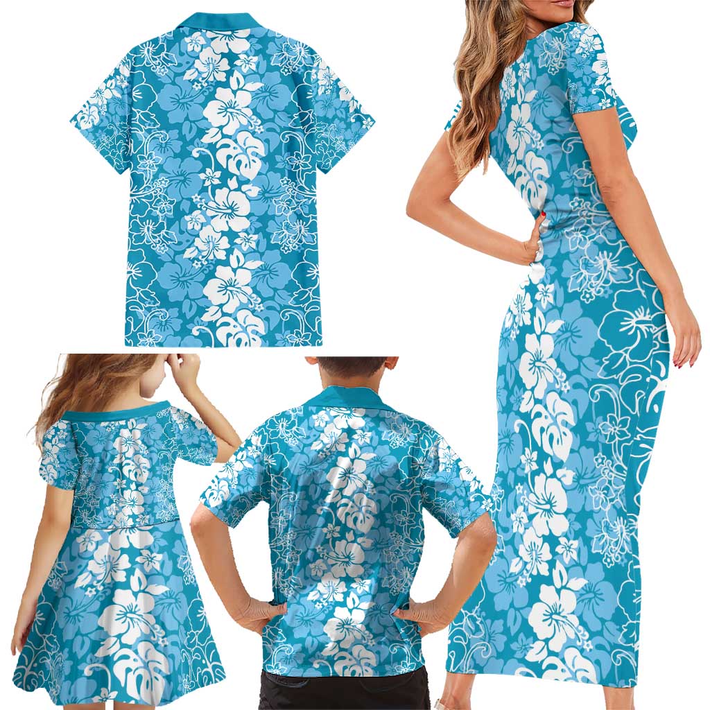 Hawaiian Lei Day Family Matching Short Sleeve Bodycon Dress and Hawaiian Shirt Blue Hibiscus Flowers Lei Art