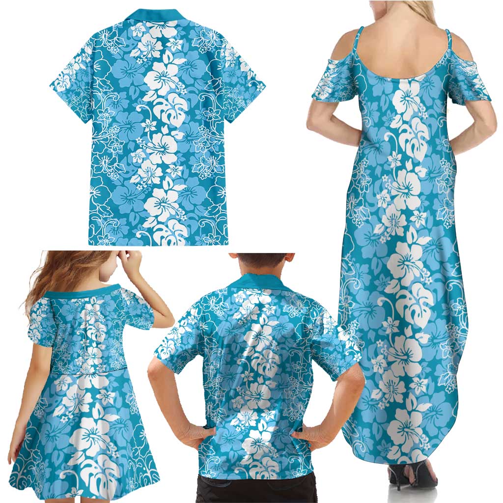 Hawaiian Lei Day Family Matching Summer Maxi Dress and Hawaiian Shirt Blue Hibiscus Flowers Lei Art
