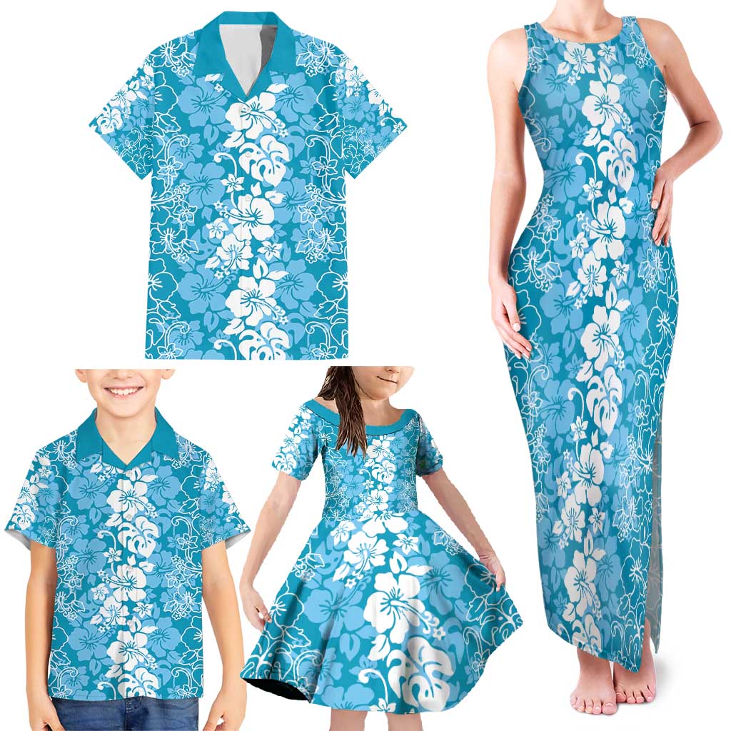 Hawaiian Lei Day Family Matching Tank Maxi Dress and Hawaiian Shirt Blue Hibiscus Flowers Lei Art