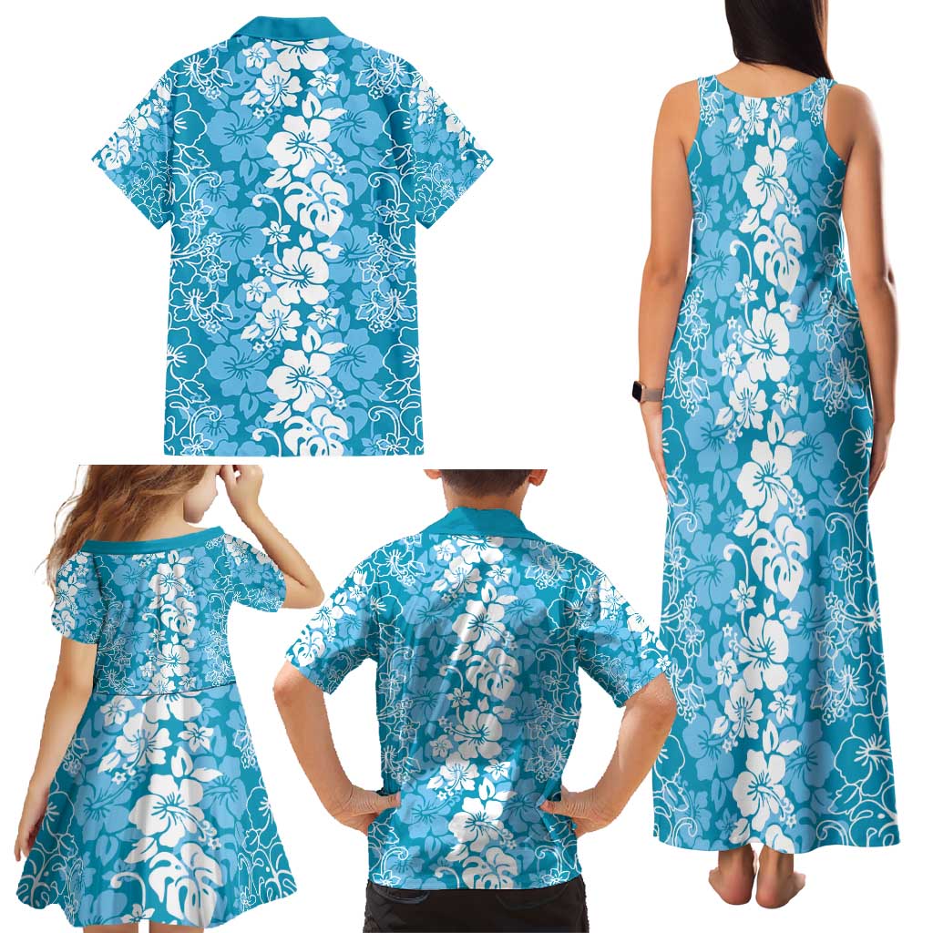 Hawaiian Lei Day Family Matching Tank Maxi Dress and Hawaiian Shirt Blue Hibiscus Flowers Lei Art