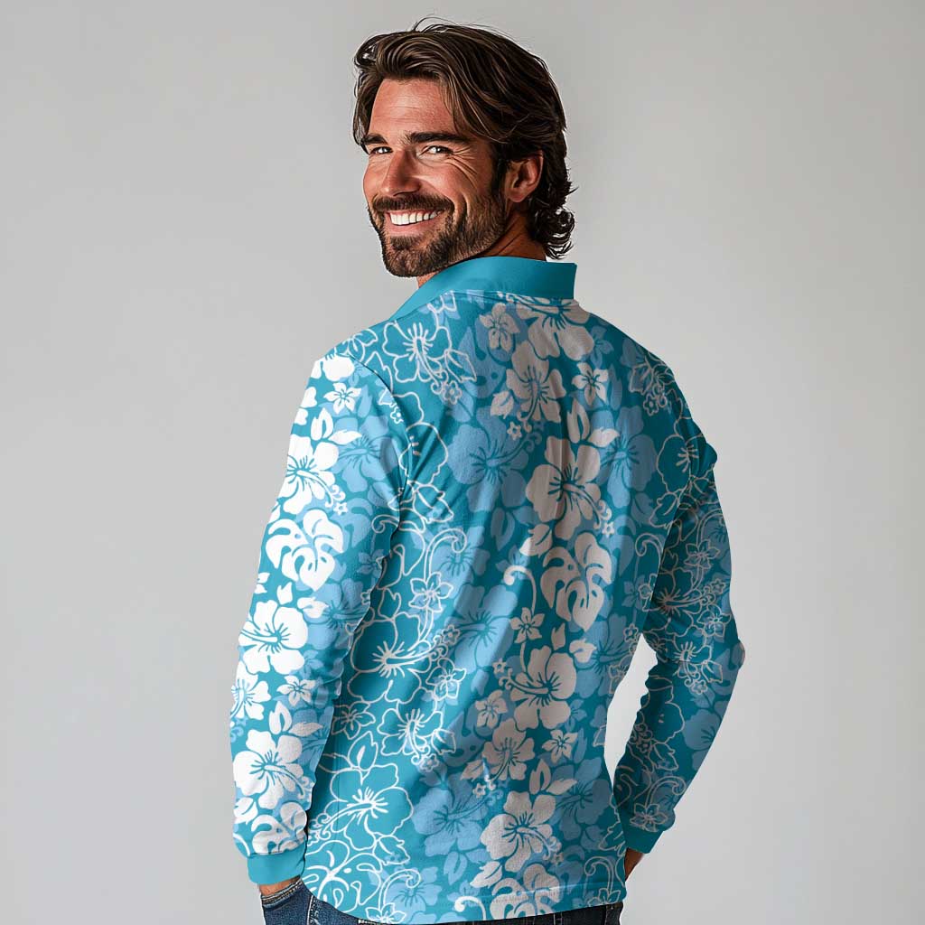 Hawaiian Lei Day Long Sleeve Polo Shirt Blue Hibiscus Flowers Lei Art