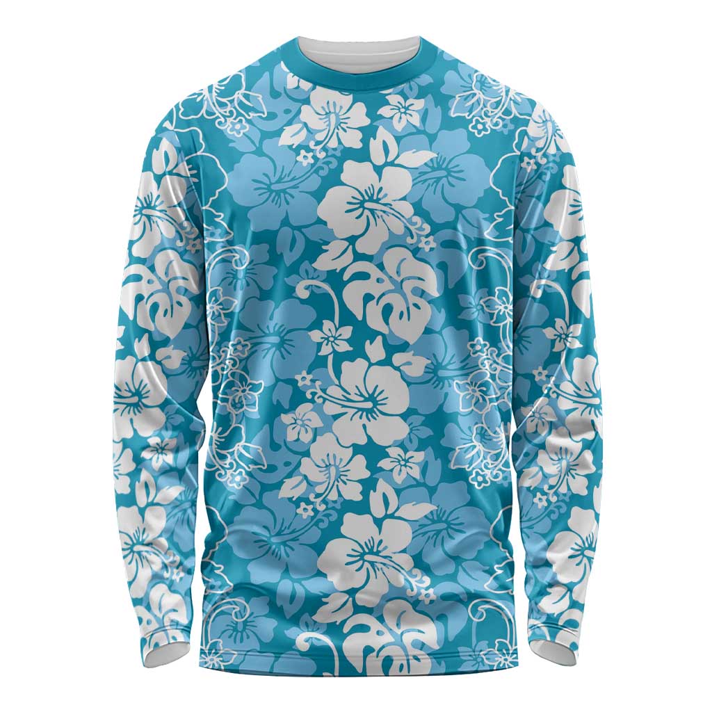 Hawaiian Lei Day Long Sleeve Shirt Blue Hibiscus Flowers Lei Art
