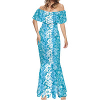 Hawaiian Lei Day Mermaid Dress Blue Hibiscus Flowers Lei Art