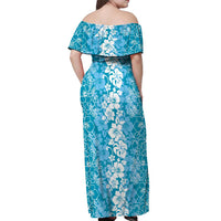 Hawaiian Lei Day Off Shoulder Maxi Dress Blue Hibiscus Flowers Lei Art