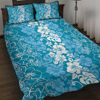 Hawaiian Lei Day Quilt Bed Set Blue Hibiscus Flowers Lei Art