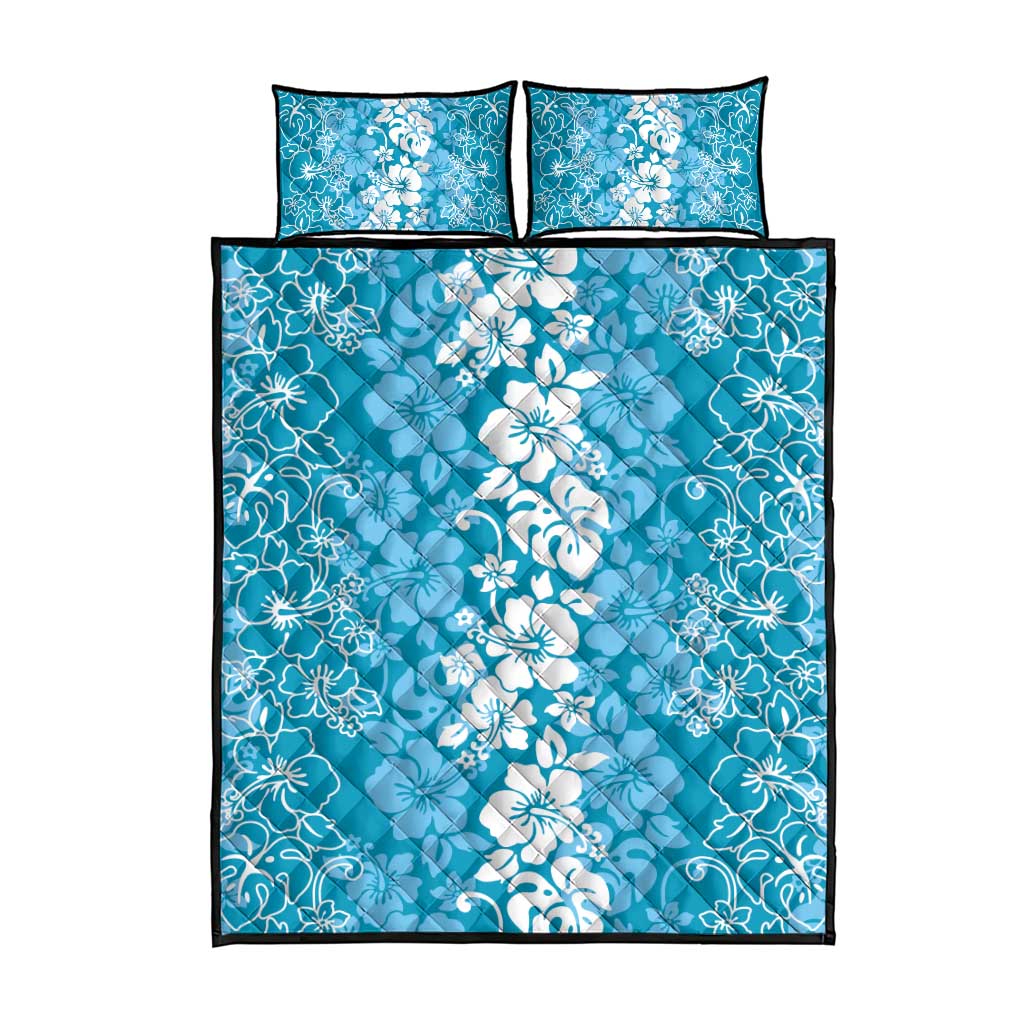Hawaiian Lei Day Quilt Bed Set Blue Hibiscus Flowers Lei Art
