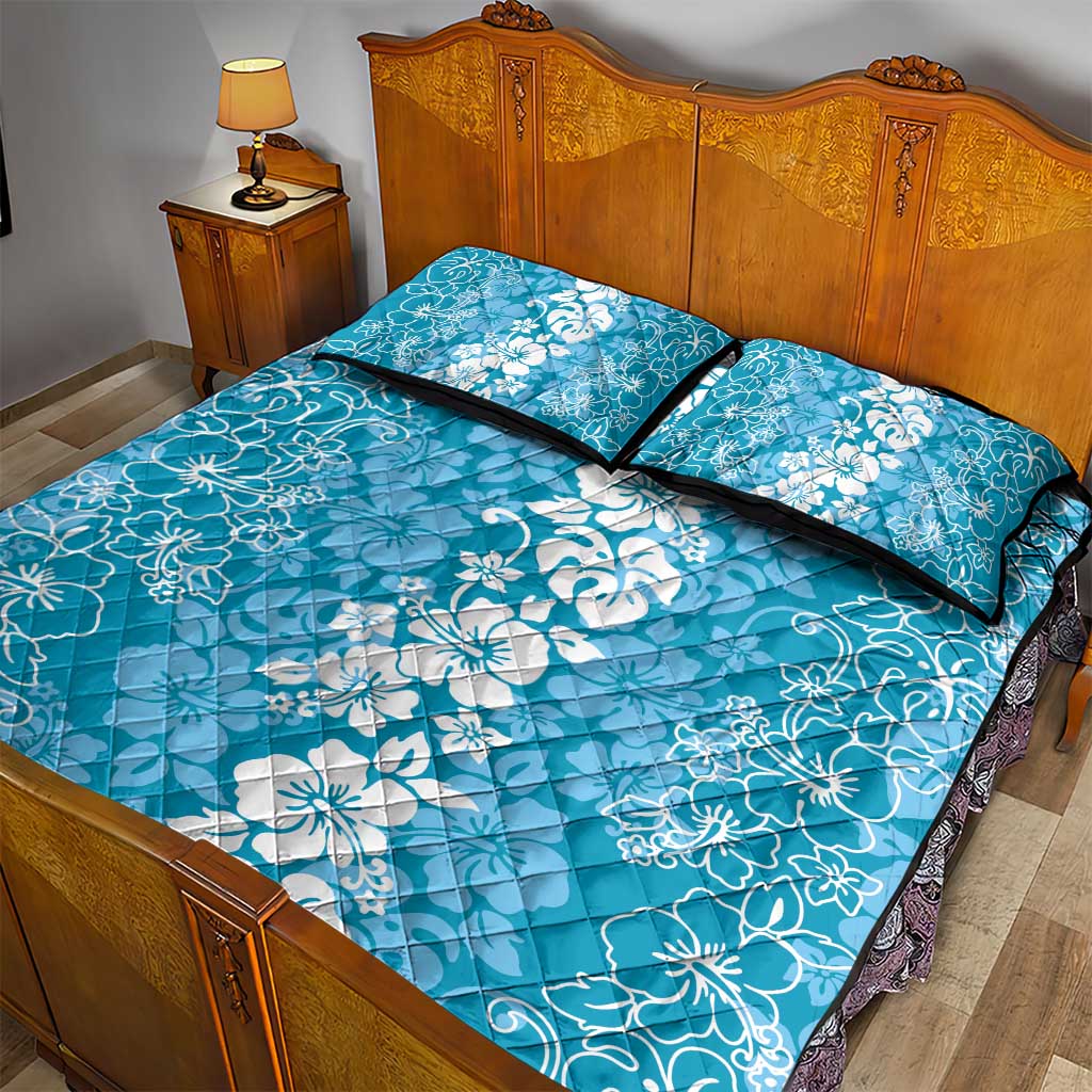 Hawaiian Lei Day Quilt Bed Set Blue Hibiscus Flowers Lei Art