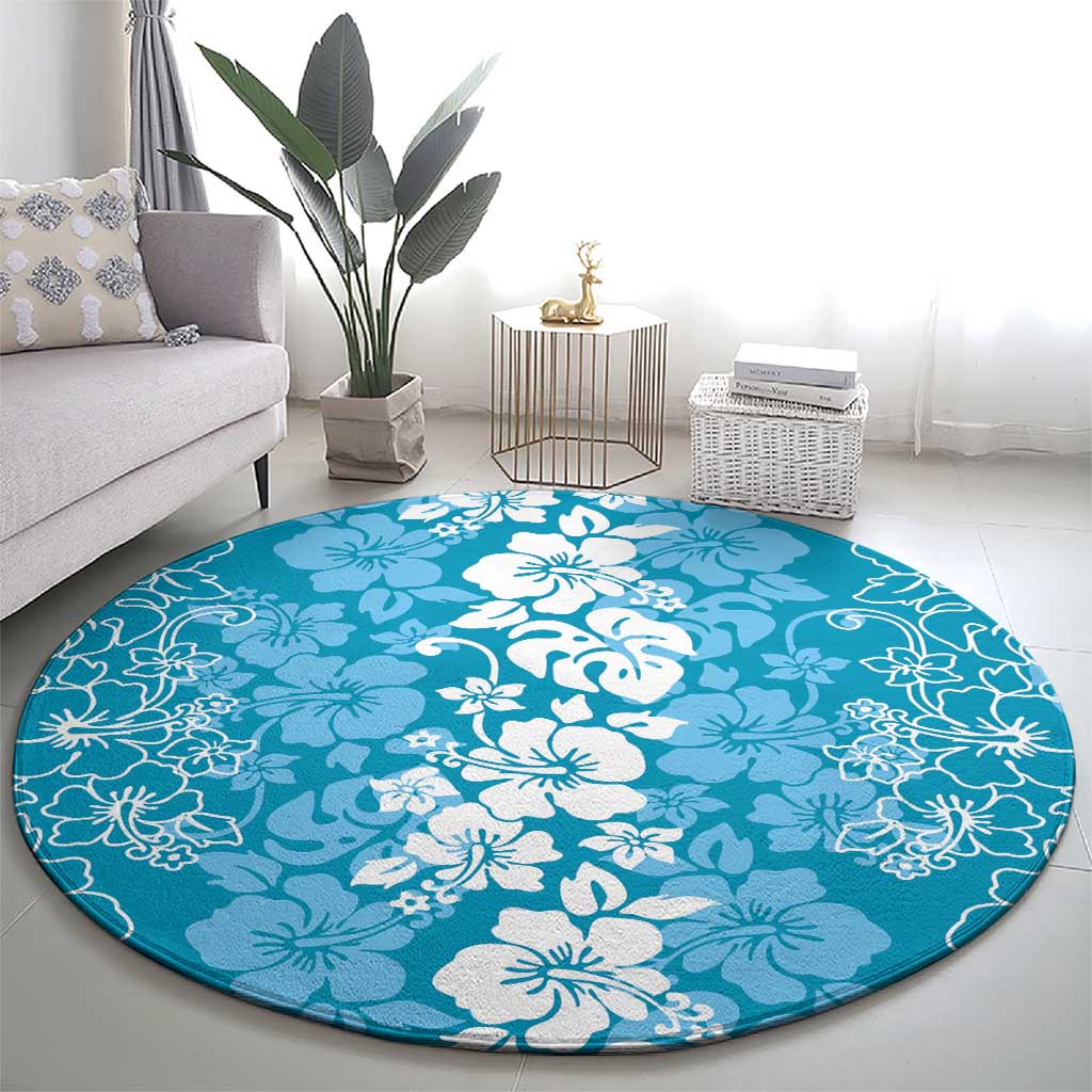 Hawaiian Lei Day Round Carpet Blue Hibiscus Flowers Lei Art
