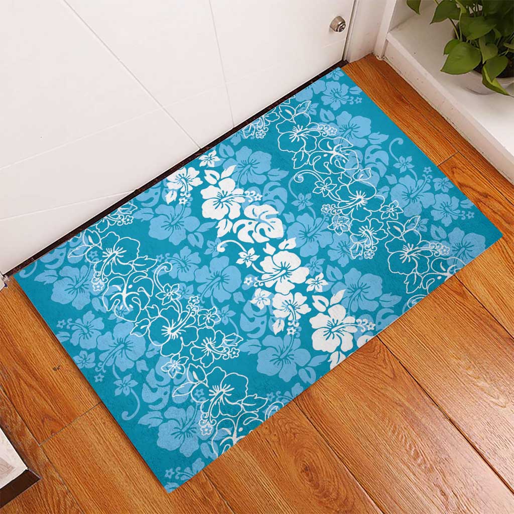 Hawaiian Lei Day Rubber Doormat Blue Hibiscus Flowers Lei Art