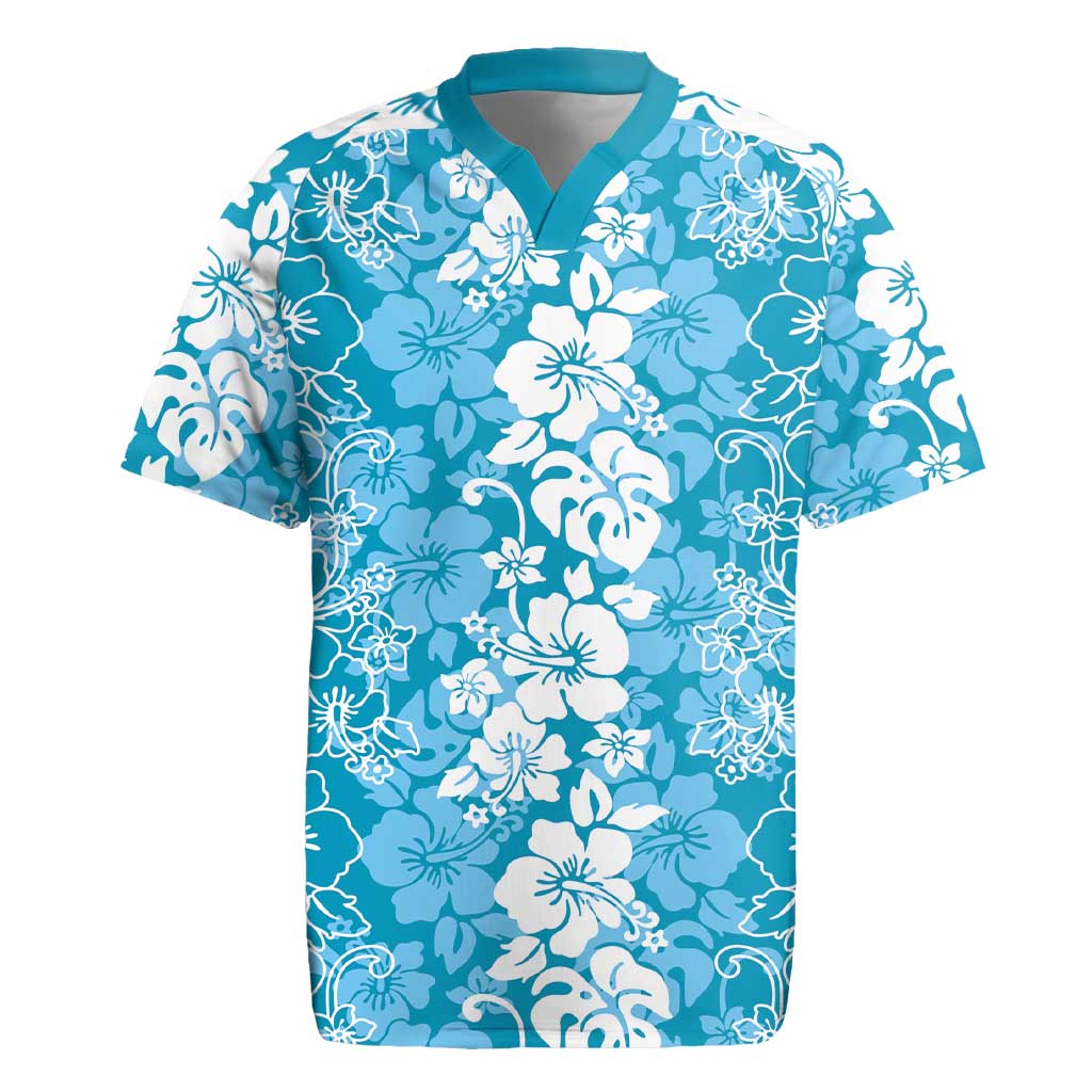 Hawaiian Lei Day Rugby Jersey Blue Hibiscus Flowers Lei Art