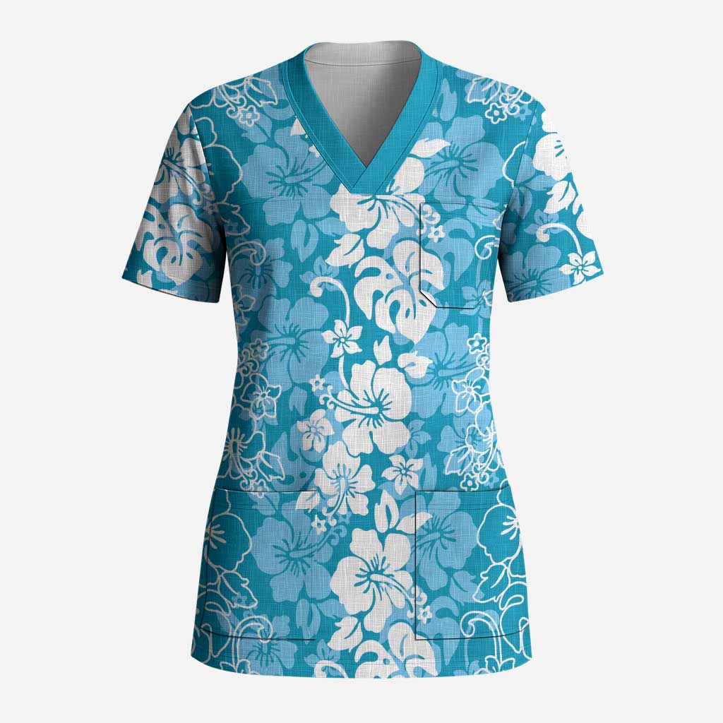 Hawaiian Lei Day Scrub Top Blue Hibiscus Flowers Lei Art - Polynesian Pride