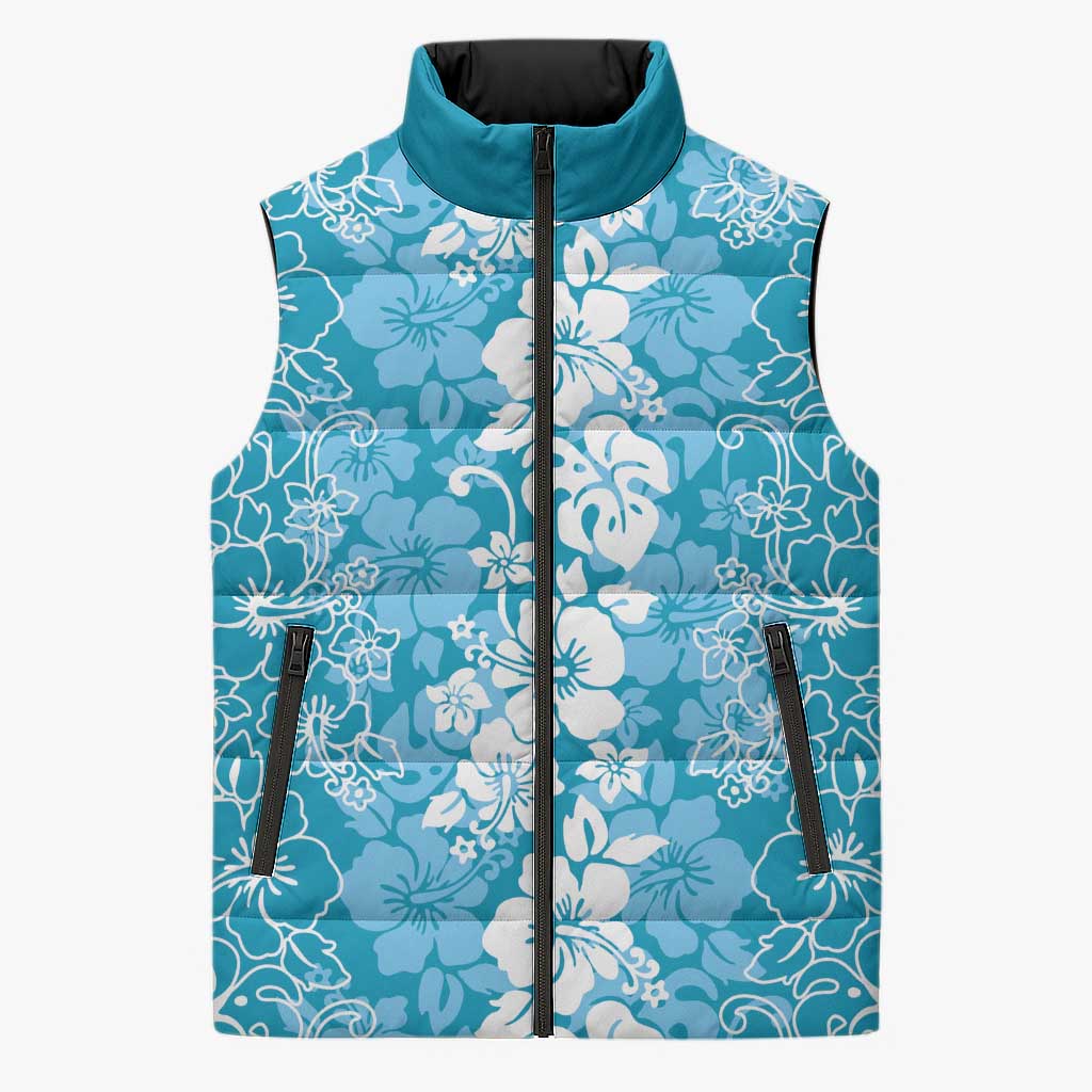 Hawaiian Lei Day Sleeveless Puffer Jacket Blue Hibiscus Flowers Lei Art - Polynesian Pride