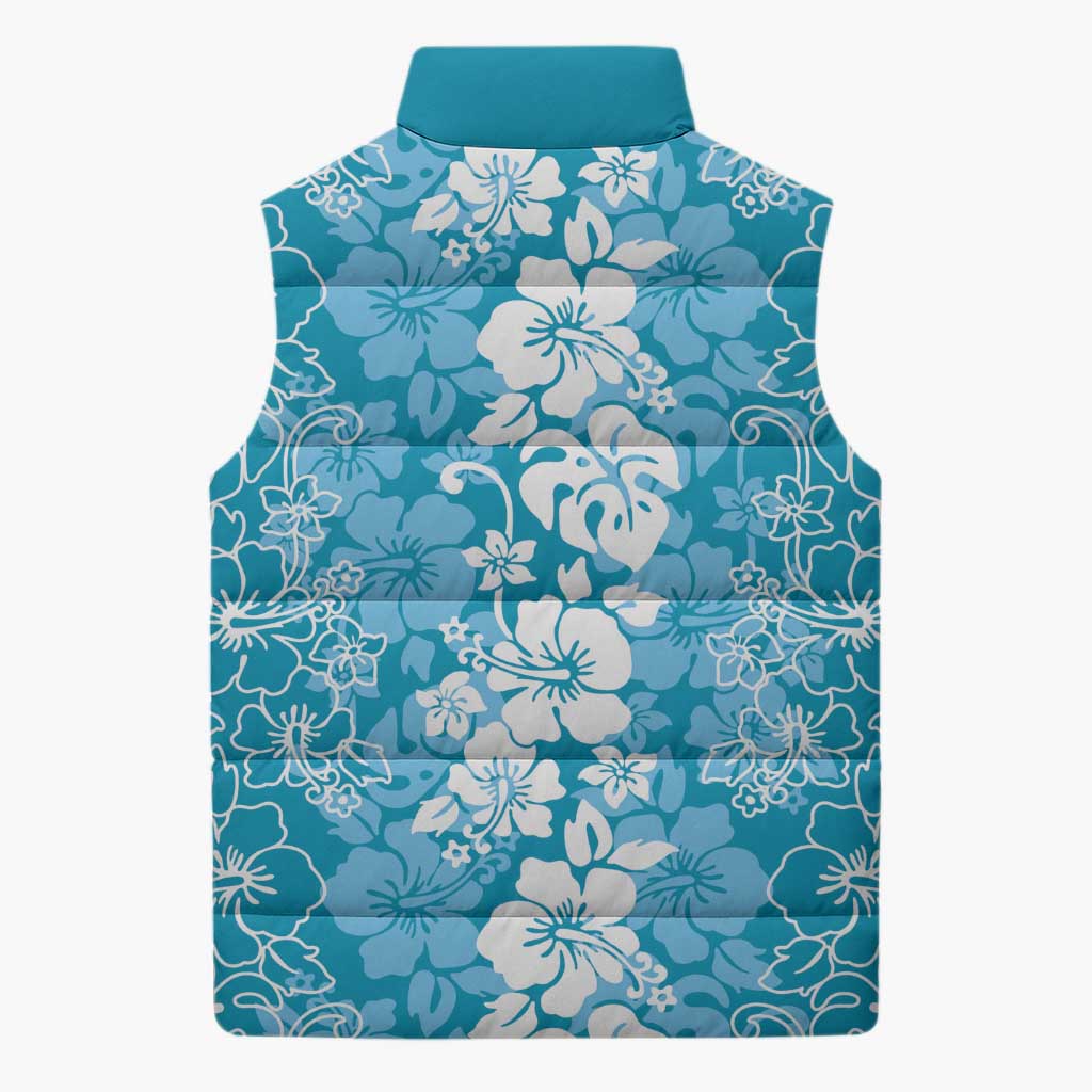 Hawaiian Lei Day Sleeveless Puffer Jacket Blue Hibiscus Flowers Lei Art - Polynesian Pride