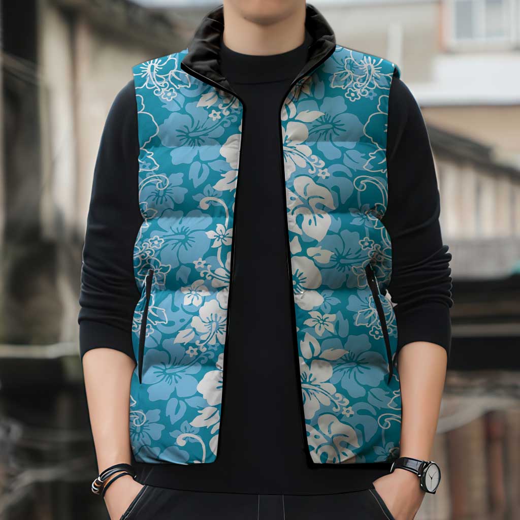 Hawaiian Lei Day Sleeveless Puffer Jacket Blue Hibiscus Flowers Lei Art - Polynesian Pride