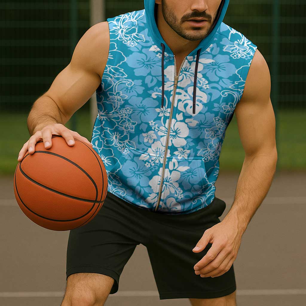 Hawaiian Lei Day Sleeveless Zip Hoodie Blue Hibiscus Flowers Lei Art - Polynesian Pride