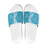 Hawaiian Lei Day Slide Sandals Blue Hibiscus Flowers Lei Art - Polynesian Pride