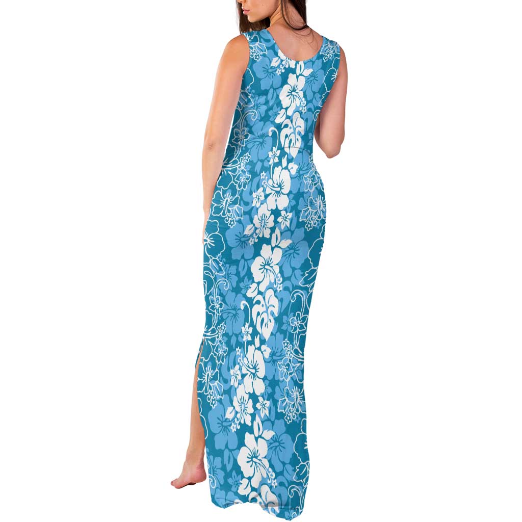 Hawaiian Lei Day Tank Maxi Dress Blue Hibiscus Flowers Lei Art